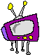 Purple retro TV with yellow buttons and antennae, four legs, gray screen showing gradient, on light gray background.