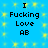 Blue background with yellow pixelated squares; black text reads "I Fucking Love AB" in four identical repeated sections.