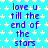 Blue background with yellow stars and repeated purple text reading "love u till the end of the stars" in a pattern