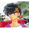 A cartoon character with dark blue hair and a purple top appears in multiple poses, including human form and animal transformation.