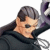 Pixelated image of a person with short dark hair in profile, wearing a black top and purple shoulder accessory against white background.