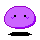 Six pixelated purple spheres with black eyes and small curved mouths, each on a black base against gray background.