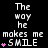 Pixelated text and pink hearts on black background, with repeated 'The way he makes me SMILE' phrases across multiple