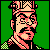 Pixelated 50x50 static icon of a character with stylized facial features, wearing a checkered headpiece and patterned clothing against a solid green background.