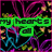 Pixelated text overlays on a dark background with neon pink and blue lines, featuring green and red text blocks.