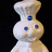 Pixelated white dough figure with blue dots on head and face, standing against black background with text and actions below.