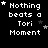 Pixelated text "Nothing beats a Tori Moment" with animated stars on black background, stars shift position across frames.
