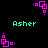 Pixelated pink square-based icon with green text 'Asher' on black background, showing four distinct orientations.