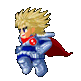 Pixelated character with spiky blonde hair, blue armor, red cape, and circular chest emblem in multiple poses against gray background.