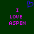 Dark green background with purple pixelated text reading "I LOVE ASPEN" on both sides and a blue pixelated heart symbol above center.