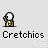 Pixel art character icon with white head and yellow body, shown in multiple poses with text "Cretchios" below each instance on light gray background.