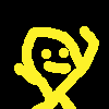 Two yellow stick figures with black faces, white eyes, and yellow mouths stand side-by-side against a black background, each with arms raised in a waving motion.