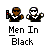 Pixelated icon shows two figures with text "Men In Black" below; left figure holds glowing red device, right figure raises hand.