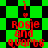 Green and black checkered background with red text reading 'rosie and quarts' repeated in a pattern, featuring pixelated distortion effects