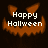 Pixelated orange pumpkin face with white text 'Happy Halloween' on dark background, showing animation changes across frames.