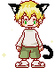 Pixel art character with blonde hair, cat ears, green eyes, white shirt, green shorts, red shoes, and black tail on gray background with yellow stars.