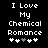 Pixelated text reads "I Love My Chemical Romance" above five heart symbols with one grayed-out symbol, displayed in two side-by-side identical frames.