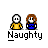 Two pixelated figures with simple facial features sit side-by-side above the word "Naughty" in blocky text.