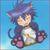 Pixelated character with purple hair and blue outfit against light blue background, static image.