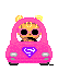 Pixelated cartoon character in pink vehicle with purple 'S' symbol, wearing sunglasses and yellow hair accessories.