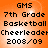 Orange background with black pixelated text reading GMS, 7th Grade Basketball Cheerleader, and 2008/09 in four identical