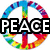 Rainbow-colored peace symbol with black text reading "PEACE" overlaid on a white background.