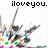 Pixelated icon with "iloveyou." text above a stylized figure holding multiple swords against white background.