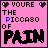 A 7-frame animated contact sheet showing variations of a pink pixel-art icon with text "YOU'RE THE PICCASSO OF PAIN" where the letter 'S' in "PICCASSO" and the word "PAIN" change color between blue and black across frames.