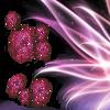 A static image shows multiple pink, glittery, rounded shapes against a dark background with flowing purple and white light streaks.