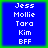 Four identical blue square with white pixelated text listing names and 'BFF' on a green background