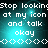 Pixelated text on a teal background with white dots, displaying 'Stop looking at my icon and talk okay' in four repeated sections.