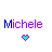 Pixelated text 'Michele' in purple with varying letter color accents above a pixel heart icon that alternates between cyan and pink.