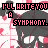 A repeating pattern of dark gray skulls with white eyes and pink accents on a light background, overlaid with pixelated text reading "I'LL WRITE YOU A SYMPHONY." in black and red