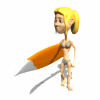 Animated 3D character with blonde hair in a ponytail holding an orange pencil, showing sequential facial expressions and head turns against white background.