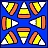A static grid of eight pixelated candy corn icons arranged in a 3x3 layout with blue background, each featuring yellow-orange-white color scheme and distinct orientation.