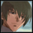 Pixelated anime-style character with brown hair and light skin, side profile against light blue background, next to black with white text