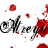 A 48x48 pixel buddy icon featuring a split composition with red floral elements and text on the left, and a circular portrait of a pale-skinned figure with dark hair and a red flower accessory on the right.