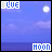 Animated sequence of a blue sky with clouds, ocean horizon, and moon; text labels 'BLUE' top-left and 'MOON' bottom-center change from white to light gray.