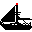 Pixelated black sailboat with red flag on mast, green hull detail, and blue water splashes animating across the hull from left to right.