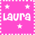 Pixelated pink background with white text "laura" repeated twice, surrounded by white stars and a dotted border.