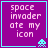 Purple square icon with cyan border containing pixelated text 'space invader ate my icon' and a cyan space invader sprite in the bottom-right corner.