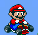 Pixel art of a character in red cap and blue overalls driving a go-kart, shown from multiple angles against light blue background.