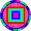 Four circular icons with concentric square patterns in bright colors, each featuring a central square surrounded by layered borders with decorative motifs.