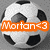 A soccer ball icon with an orange text overlay reading "Mortan<3" on the left side, displayed in a