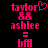 Pixelated pink text and symbols on black background: 'taylor' with heart, '88', 'ashlee', '=', 'bfm' in two side-by-side frames.