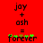 Red background displays 'joy + ash = forever' with green and brown pixelated flowers replacing the letter 'o' in 'forever', two versions differ by flower position.