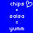 Blue background with white pixelated text reading 'chips + salsa = yumm' and a heart symbol next to the first 'chips'.