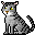 Pixelated gray cat with black stripes sits facing forward, eyes green, mouth white, tail curled right.