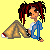 Animated contact sheet showing a pixel-art character with red dreadlocks and blue shirt sitting next to a tent, cycling through multiple frames including text overlays of "BORED" in pink.