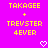 Pixelated yellow text on bright pink background with two white heart icons at bottom, displaying 'TAKAGEE + TREVSTER 4EVER' in blocky font.